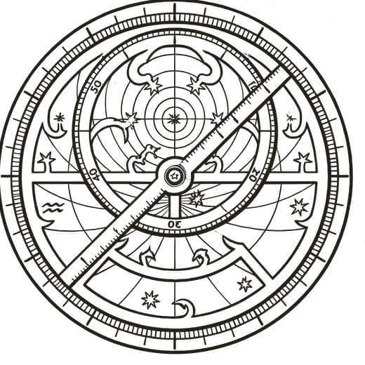 Engraving of an astrolabe, two dials read against each other.