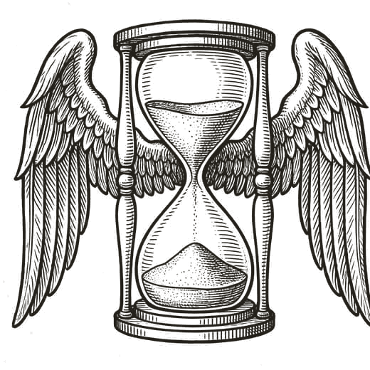 Engraving of a winged hourglass in flight.