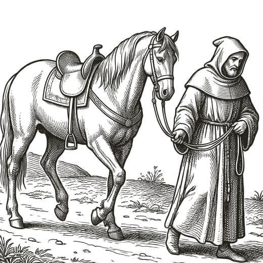 Engraving of a pilgrim leading a horse on foot.