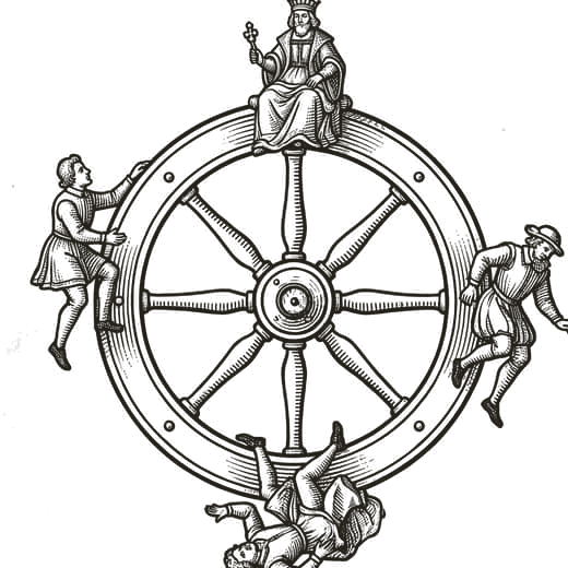 Engraving of the Rota Fortunae, the wheel of rise, reign and fall.