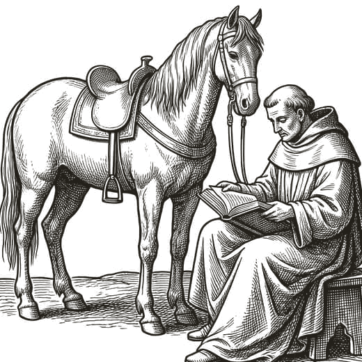 Engraving of a scholar reading at a desk, a horse waiting behind.